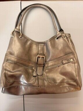 Metallic Gold Large Tote Bag with Front Zipper Pockets and Buckle Detail